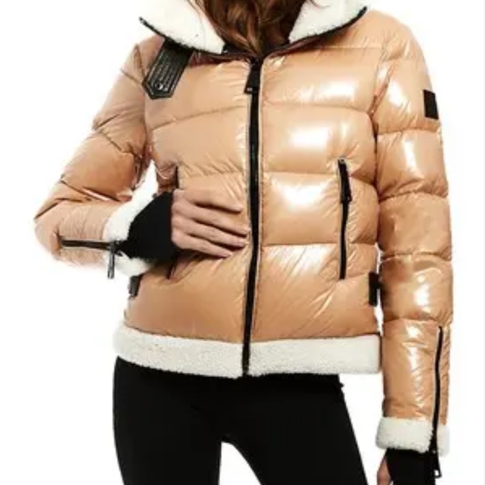 SAM. Shiny Biscuit Tan Puffer Jacket with Shearling Trim